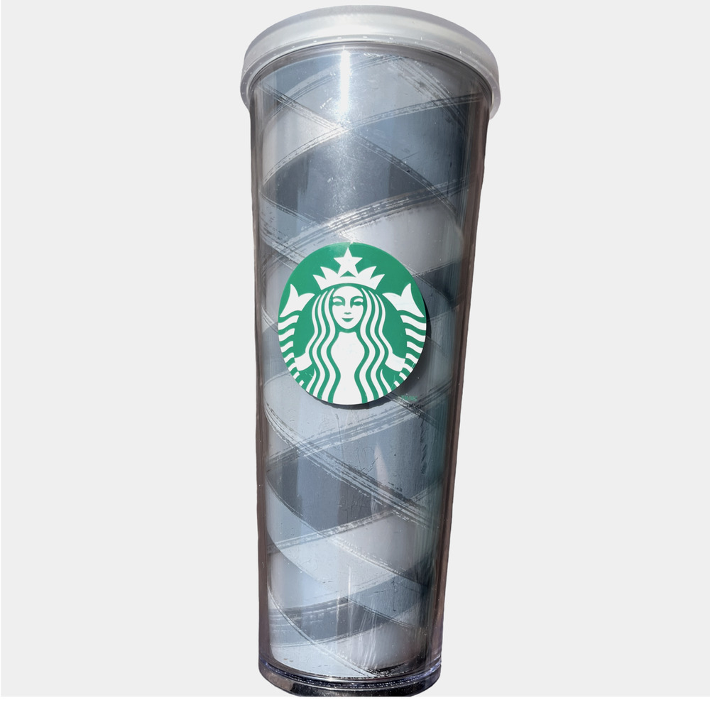Starbucks 2014 Venti Tumbler Cold Cup Black Grey Plaid Ribbon 24oz